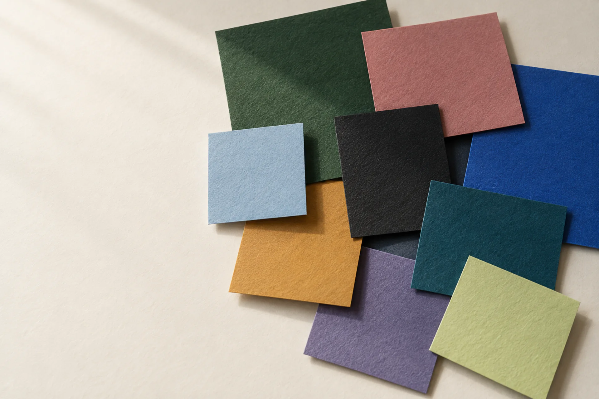 Nueve hojas de papel de distintos colores se superponen sobre un fondo cálido, iluminadas por la luz de una ventana desde arriba a la izquierda.