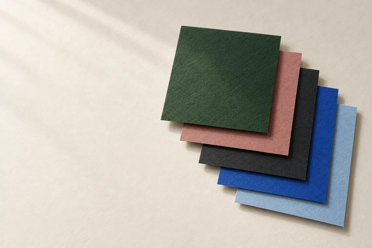 Cinco hojas del mismo tamaño y de distintos colores se apilan desplazadas, como cinco versiones de una misma hoja.