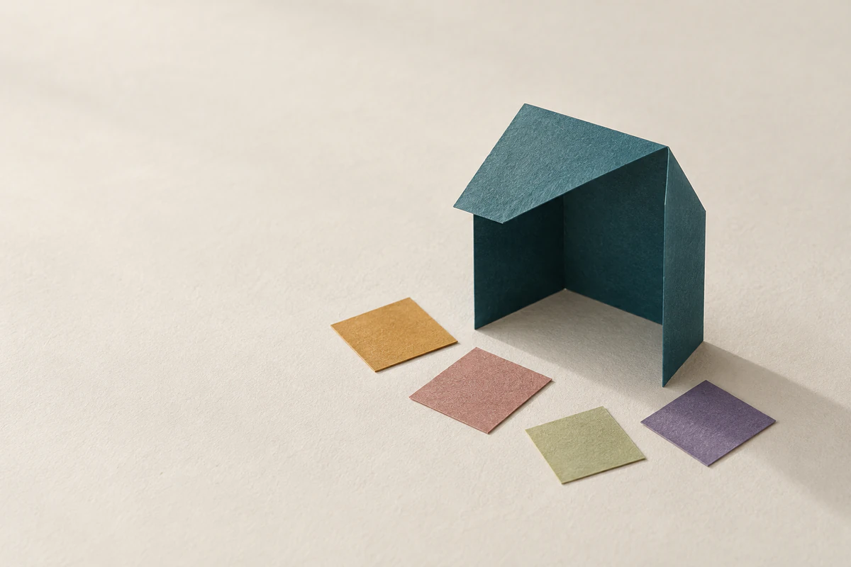 Una hoja de papel verde azulado oscuro, doblada como una casa, se alza sobre el papel junto a varias hojas pequeñas de colores.