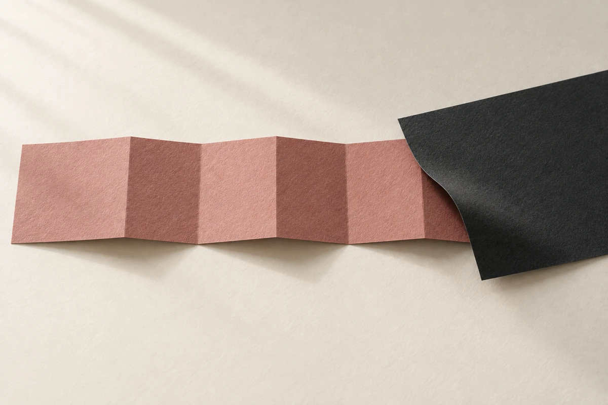 A rose-colored paper strip folded into several panels lies flat, with its later panels covered by a charcoal sheet with a slightly lifted corner.