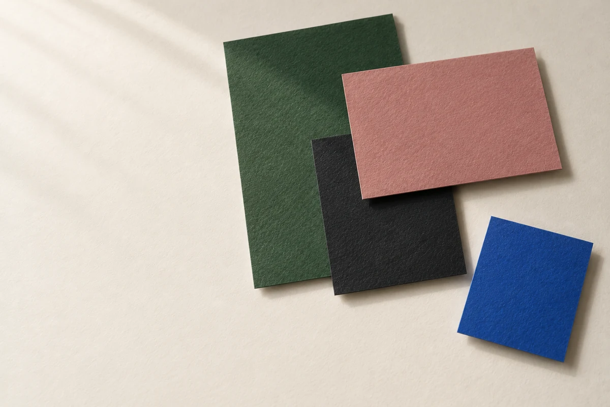Una hoja vertical verde oscuro, otra negra más pequeña y una rosa horizontal se superponen en capas desalineadas. A su lado hay una pequeña hoja azul.