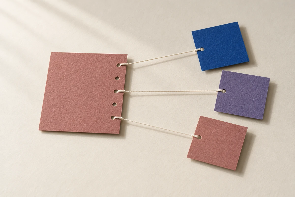 Ein rosafarbenes Blatt hat eine Reihe kleiner Löcher am Rand. Drei Baumwollfäden führen daraus zu kleinen blauen, grauvioletten und rosafarbenen Papierstücken.