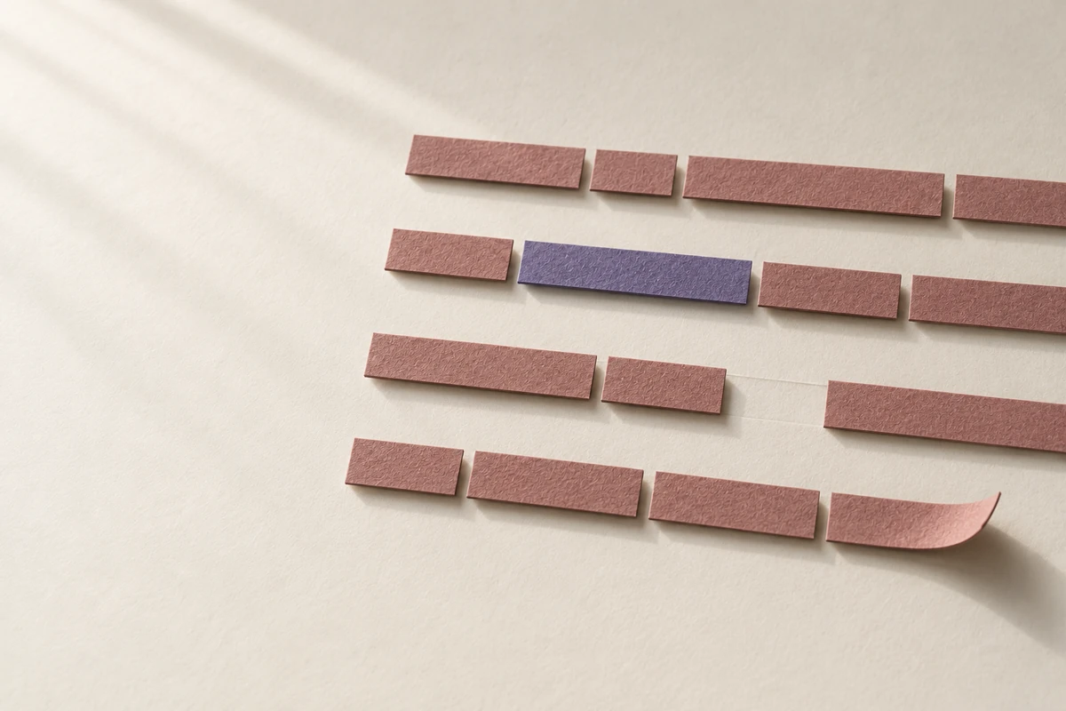 Narrow rose-colored paper strips form four rows like a weekly schedule. One strip is muted violet, with one space left empty.