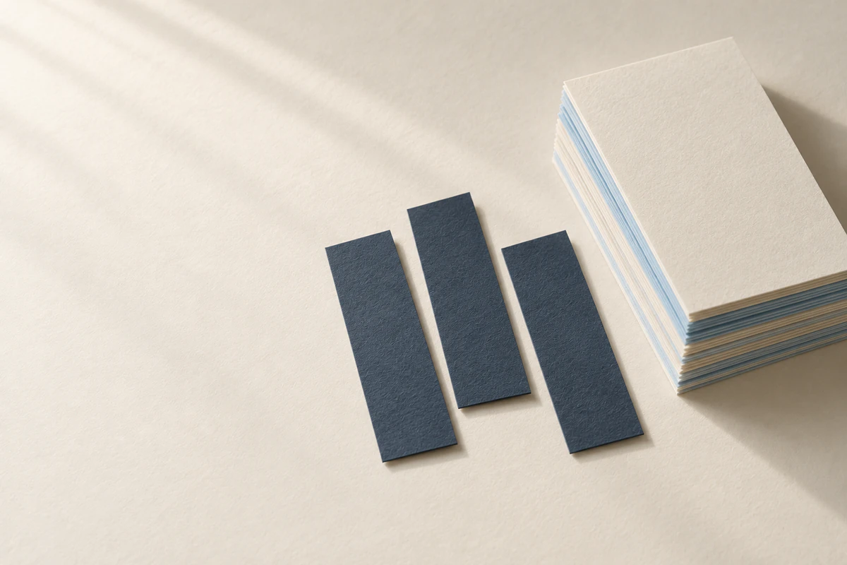 A neat stack of thick ivory and light blue sheets sits beside three narrow strips of deep blue-gray paper.
