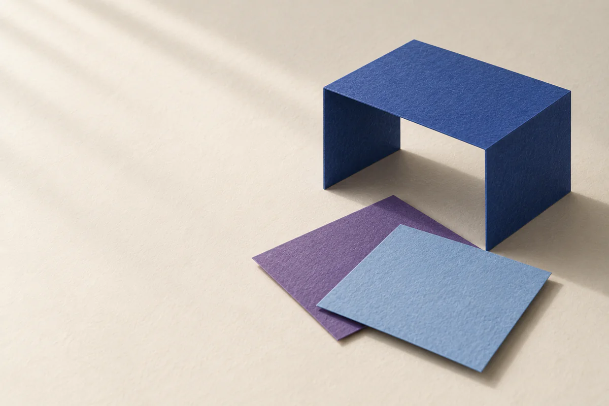 Ein blaues Blatt ist zu einem kleinen Stand gefaltet. Daneben liegen ein violettes und ein hellblaues Blatt.