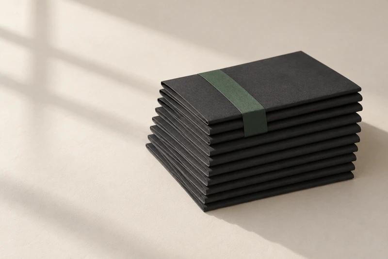 Mehr als zehn dünne, fast schwarze Hefte liegen ordentlich aufeinander. Die oberen Hefte sind mit einem dunkelgrünen Papierstreifen gebündelt.
