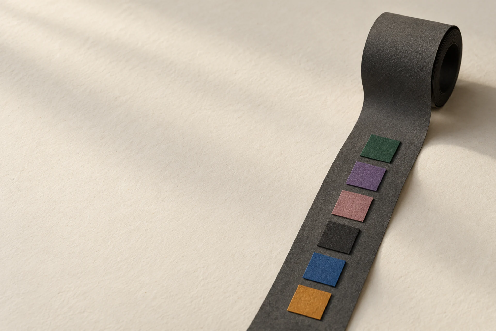 Une longue bande de papier gris foncé se déroule, avec six petites feuilles colorées posées dessus.
