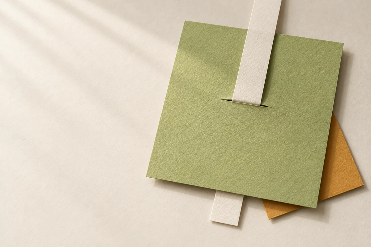 Une feuille vert citron fendue au centre laisse passer une bande crème par le haut puis par le bord inférieur. Un coin de papier jaune moutarde apparaît dessous.