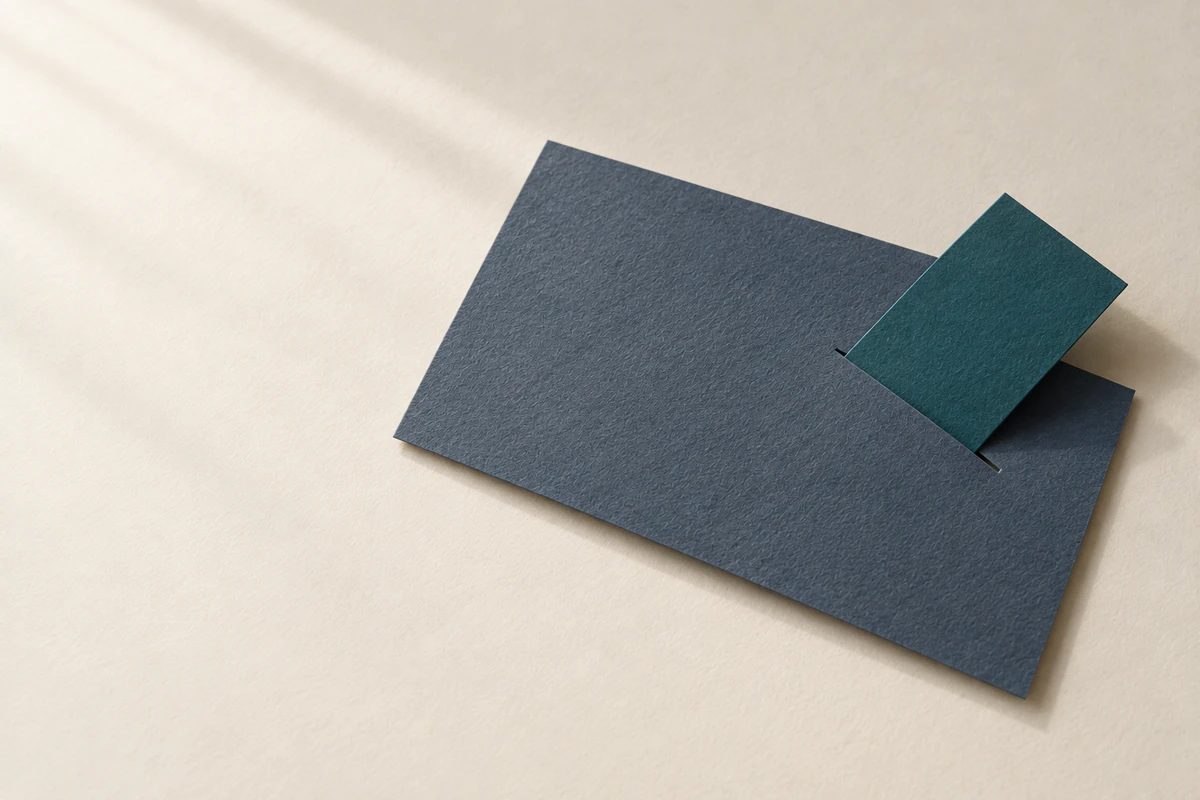 A sheet of deep teal paper passes through a slit in gray blue paper.
