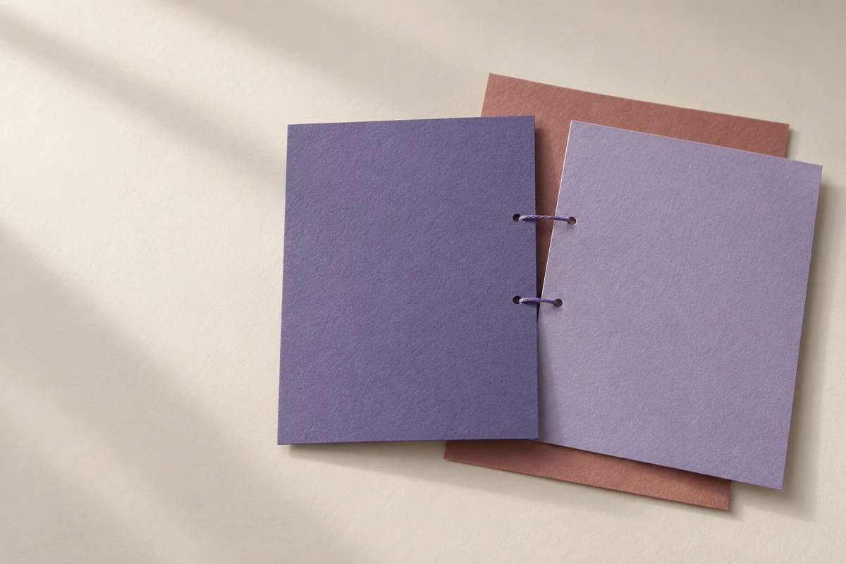 Zwei verschieden dunkle violette Blätter sind durch ein Loch verbunden. Sie stehen für eine Übersetzung und ihre Quelle.