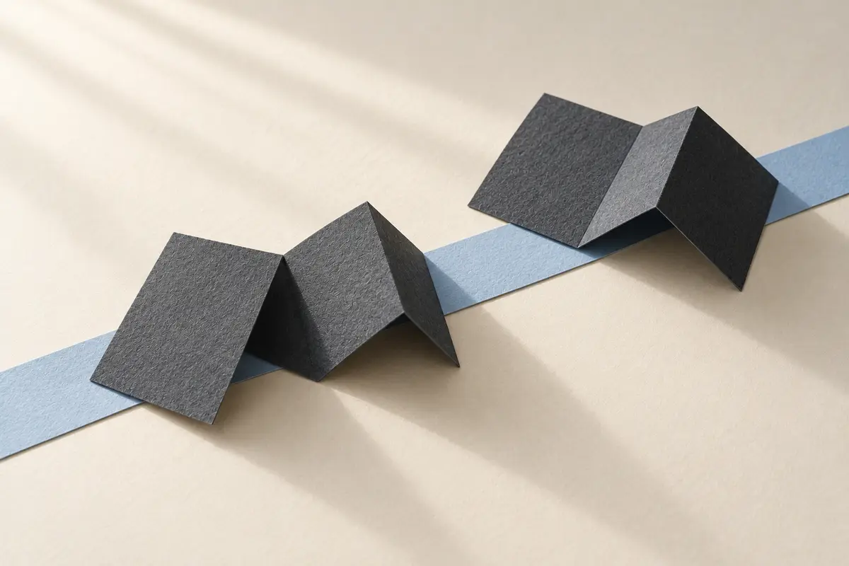 Zwei eigenständige dunkelgraue Origamiformen liegen versetzt auf demselben hellblauen Papierstreifen.